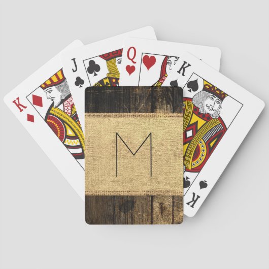  Rustic Burlap Wood Kijk Monogram #4 Pokerkaarten (Achterkant)