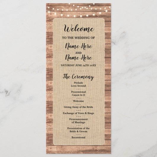 Rustic Burlap Wood Lights Wedding Programme Programmakaart (Voorkant)