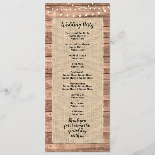 Rustic Burlap Wood Lights Wedding Programme Programmakaart (Achterkant)