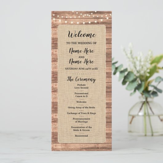 Rustic Burlap Wood Lights Wedding Programme Programmakaart (Staand voorkant)