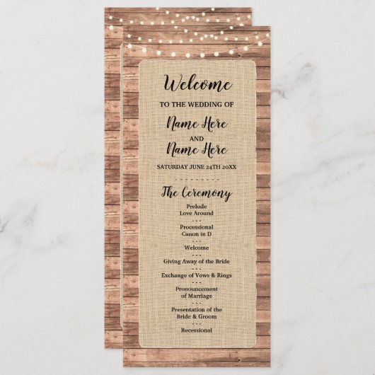Rustic Burlap Wood Lights Wedding Programme Programmakaart (Voorkant / Achterkant)
