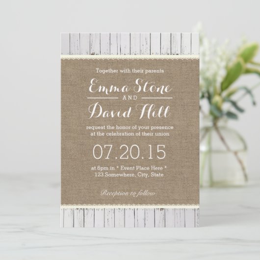 Rustic Burlap & Wood Stripes Wedding Invitations Kaart (Staand voorkant)