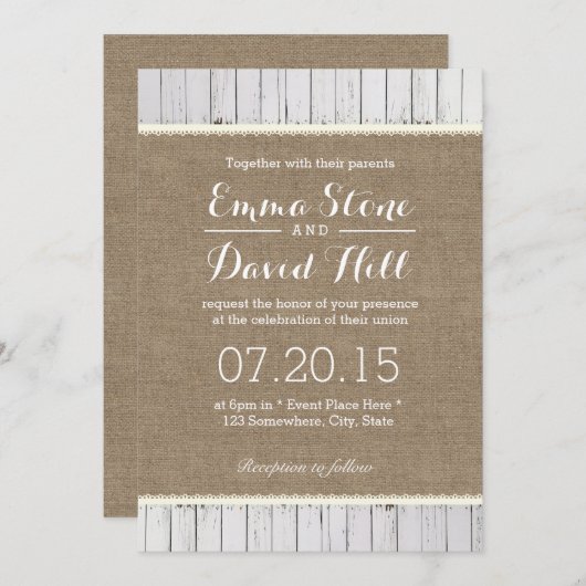 Rustic Burlap & Wood Stripes Wedding Invitations Kaart (Voorkant / Achterkant)