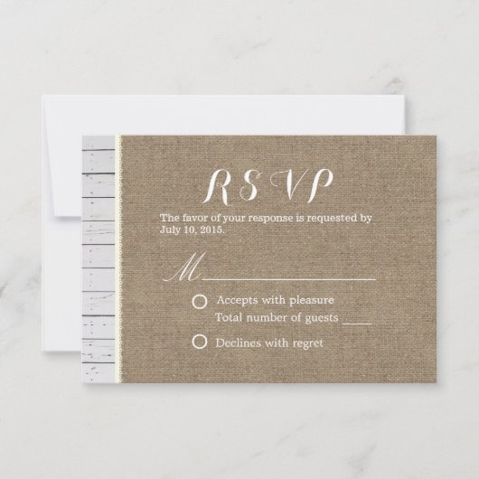 Rustic Burlap & Wood Stripes Wedding RSVP Kaartje (Voorkant)
