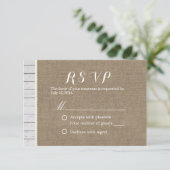 Rustic Burlap & Wood Stripes Wedding RSVP Kaartje (Staand voorkant)