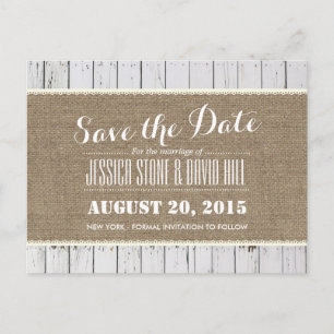 Rustic Burlap & Wood Stripes Wedding Save the Date Aankondigingskaart