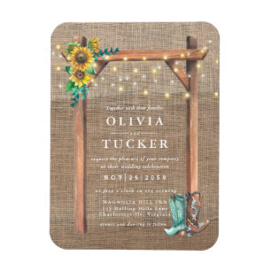 Rustic Burlap Wood Sunflower Wedding Invite Magneet