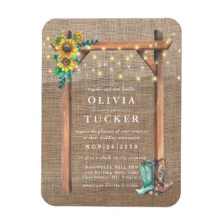 Rustic Burlap Wood Sunflower Wedding Invite Magneet