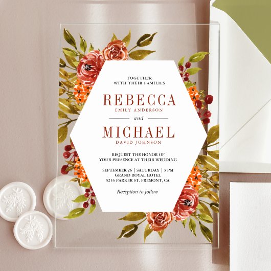 Rustic Burnt Orange Floral Autumn Fall Wedding Acryl Uitnodigingen