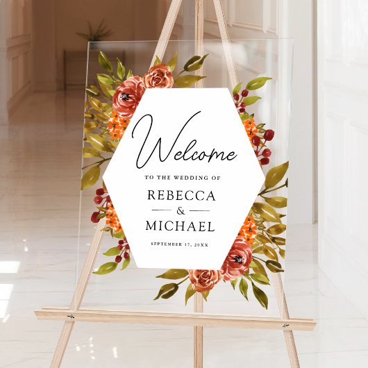 Rustic Burnt Orange Floral Wedding Welcome Acryl Bord