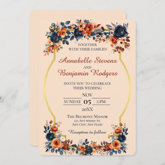 Rustic Burnt Oranje en Blue Wedding Kaart (Voorkant / Achterkant)