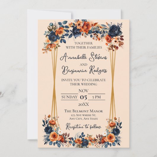 Rustic Burnt Oranje en Blue Wedding Kaart (Voorkant)