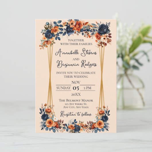 Rustic Burnt Oranje en Blue Wedding Kaart (Staand voorkant)