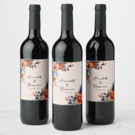 Rustic Burnt Oranje en Blue Wedding Wijn Etiket