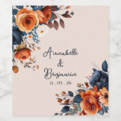Rustic Burnt Oranje en Blue Wedding Wijn Etiket (Enkel label)