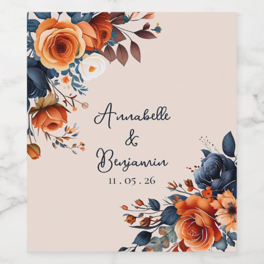 Rustic Burnt Oranje en Blue Wedding Wijn Etiket (Enkel label)