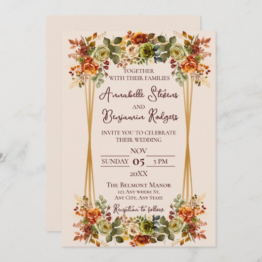 Rustic Burnt Oranje en Moss Green Rozen Wedding Kaart (Voorkant / Achterkant)