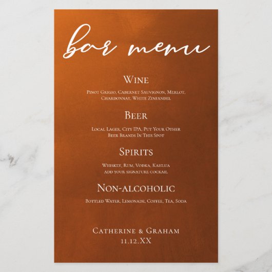 Rustic Burnt Oranje Simple Autumn Wedding Bar Menu (Voorkant)