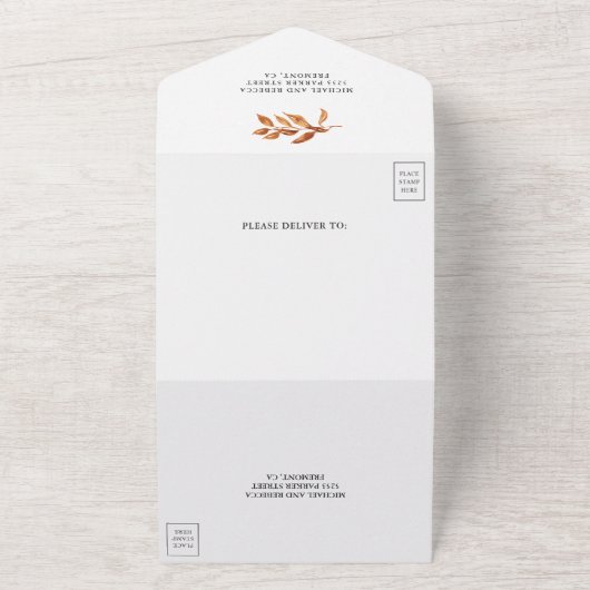 Rustic Burnt Sinaasappel Floral Herfst herfst brui All In One Uitnodiging (Buitenkant)