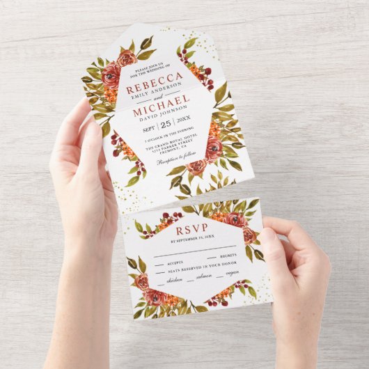 Rustic Burnt Sinaasappel Floral Herfst herfst brui All In One Uitnodiging (Afscheurbaar)