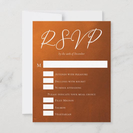 Rustic Burnt Sinaasappel Meal Choice Autumn Wedden RSVP Kaartje (Voorkant)