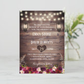 Rustic Burugndy Flowers & Lantern Fall Wedding Kaart (Staand voorkant)
