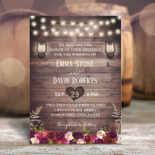 Rustic Burugndy Flowers & Lantern Fall Wedding Kaart
