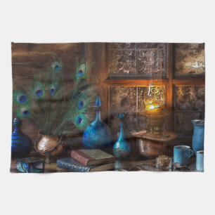 Rustic Cabin by lamplight scene bruin blauw Theedoek