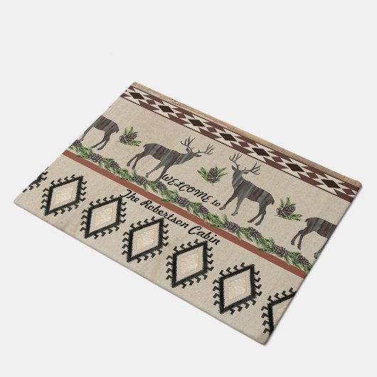 Rustic Cabin Deer Mountains Woodland Familienaam Deurmat (Schuin)