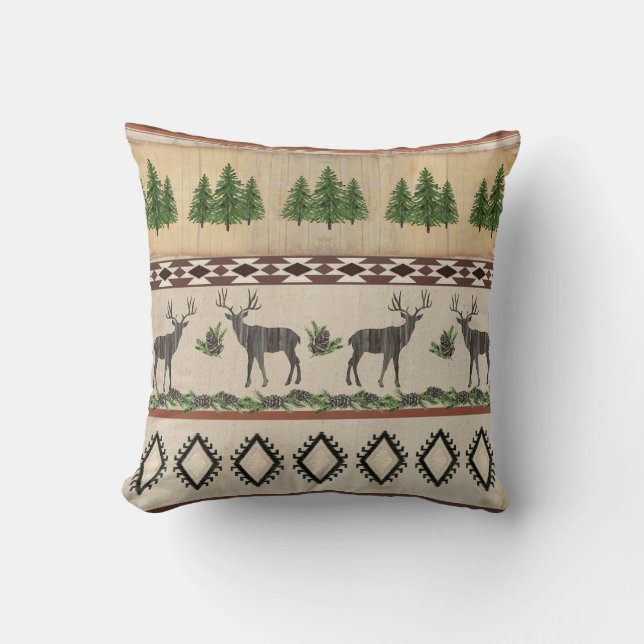 Rustic Cabin Deer Silhouette Pine Tribal Patroon Kussen (Voorkant)
