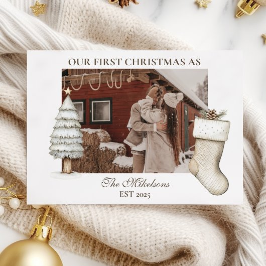 Rustic Cabin Eerste Kerstpaar Foto Feestdagenkaart