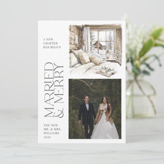 Rustic Cabin Getrouwd & Vrolijk Foto Vakantie Kaar Feestdagenkaart (Staand voorkant)