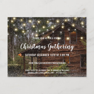 Rustic Cabin Lights Virtual Christmas Party Uitnod Uitnodiging Briefkaart