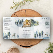 Rustic Cabin Lodge Mountain Forest QR Code Weddens Drieluik Uitnodiging