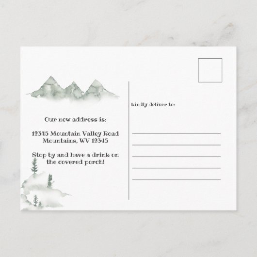 Rustic Cabin Mountains hebben we verplaatst | Aank Aankondigingskaart (Achterkant)