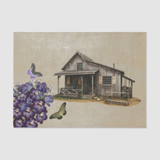 Rustic Cabin Paarse Floral Butterflies ontkoppelin Tissuepapier (Voorkant)