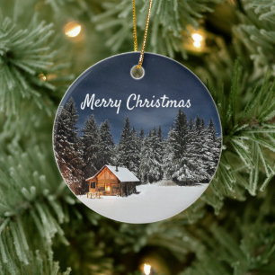 Rustic Cabin Snow Winter Kerstmis Keramisch Ornament
