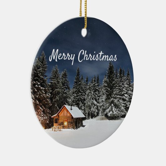 Rustic Cabin Snow Winter Kerstmis Keramisch Ornament (Rechts)