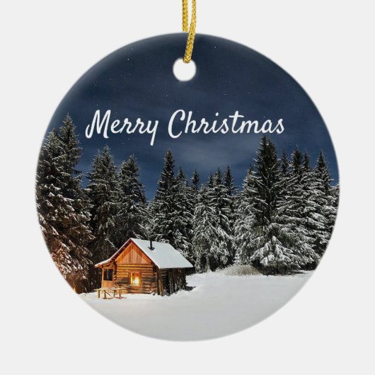 Rustic Cabin Snow Winter Kerstmis Keramisch Ornament (Voorkant)