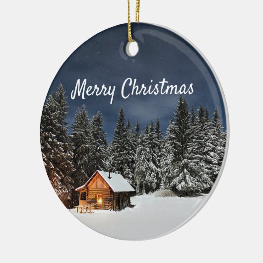 Rustic Cabin Snow Winter Kerstmis Keramisch Ornament (Links)