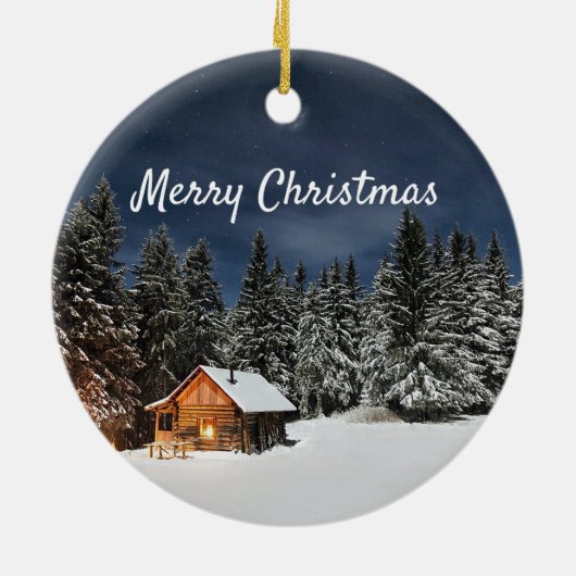 Rustic Cabin Snow Winter Kerstmis Keramisch Ornament (Achterkant)