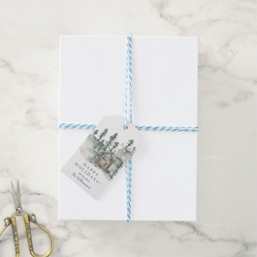 Rustic Cabin Waterverf Forest Green Cadeaulabel (Met Touw)