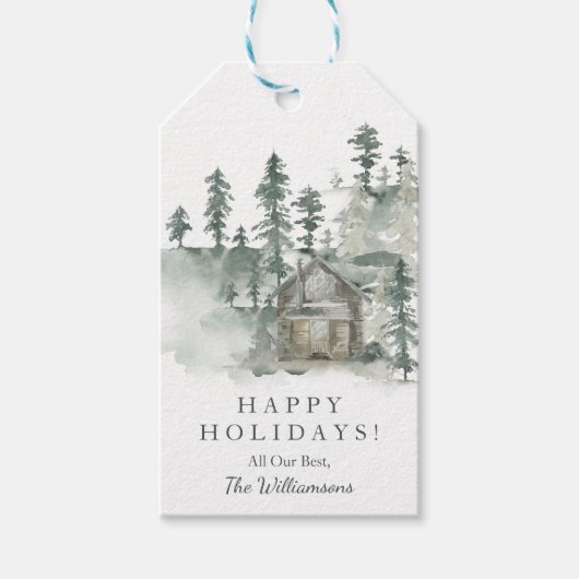 Rustic Cabin Waterverf Forest Green Cadeaulabel (Voorkant)