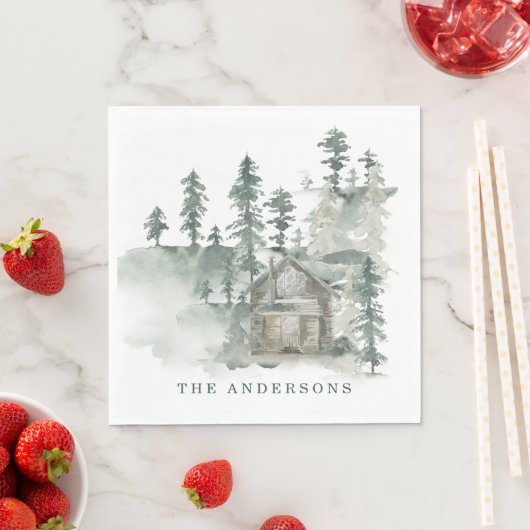 Rustic Cabin Waterverf Forest Green Familienaam Servet (Insitu)