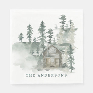 Rustic Cabin Waterverf Forest Green Familienaam Servet