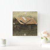 Rustic Cabin Weathered Briefkaart Square Wal Vierkante Klok (Huis)