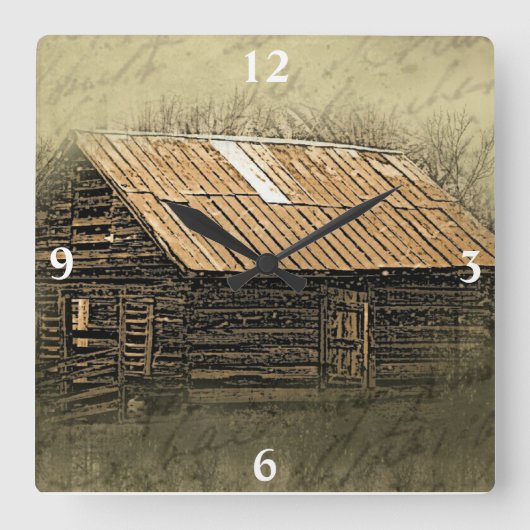 Rustic Cabin Weathered Briefkaart Square Wal Vierkante Klok (Voorkant)