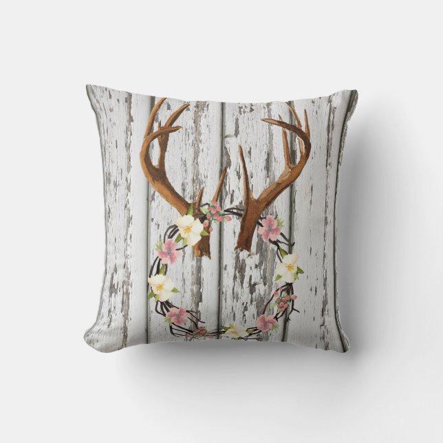 Rustic Cabin Wreath of Flowers op Antlers Design Kussen (Voorkant)