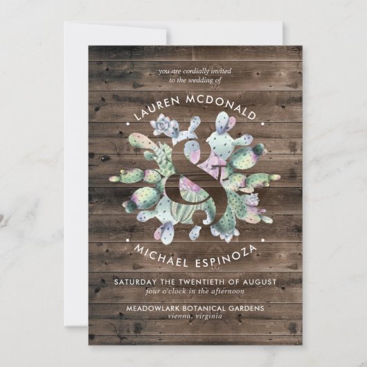 Rustic Cactus & Barnwood Wedding Invitation Kaart (Voorkant)