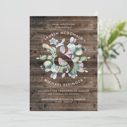 Rustic Cactus & Barnwood Wedding Invitation Kaart (Staand voorkant)